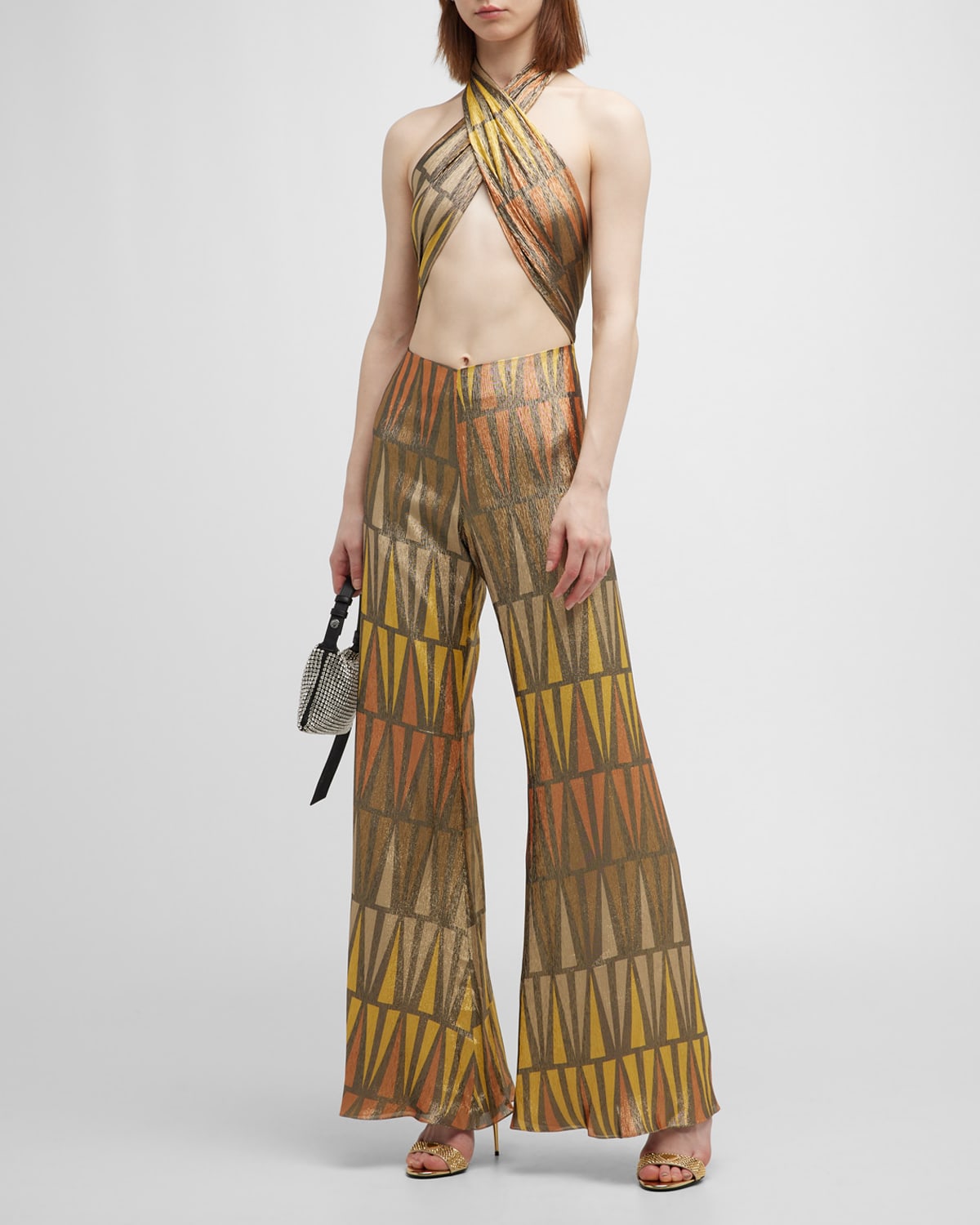 Adriana Iglesias Zafra Cutout Halter Wide-leg Jumpsuit In Triangle Gold