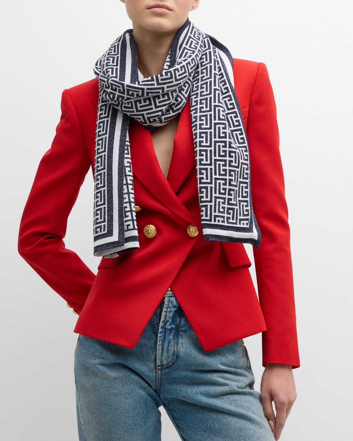 Balmain Monogram-pattern Wool-blend Scarf In Blanc Marine Arge