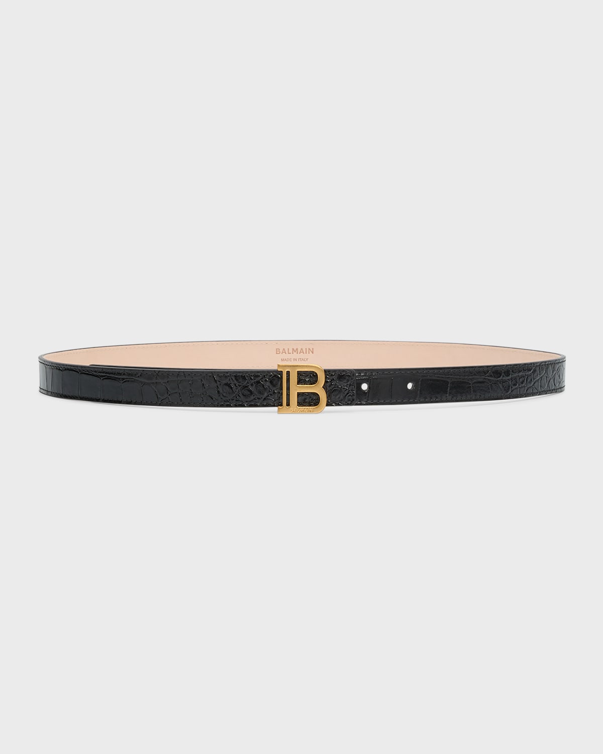 Balmain B-monogram Croc-embossed Skinny Leather Belt In Noir
