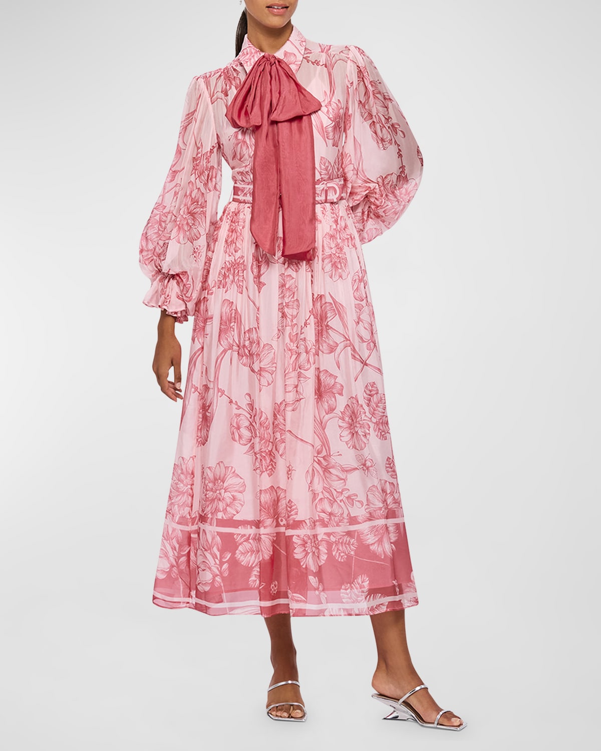 Leo Lin Cassie Tie-neck Floral-print Midi Shirtdress In Plum Blossom