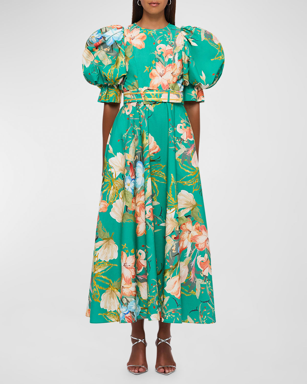 Leo Lin Maxima Floral-print Puff-sleeve Midi Dress In Verdant