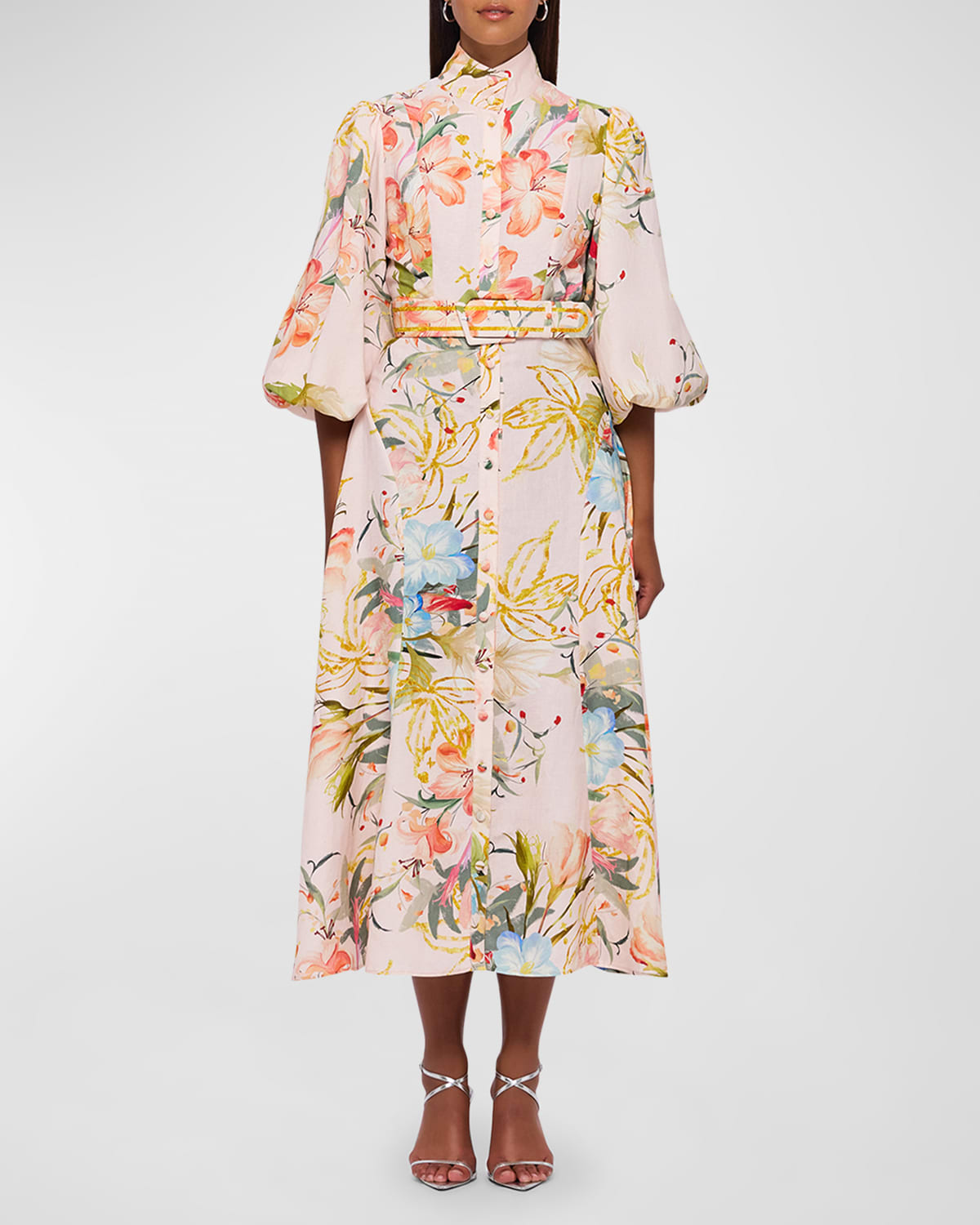 Leo Lin Nellie Floral-print Bishop-sleeve Midi Dress In Blush