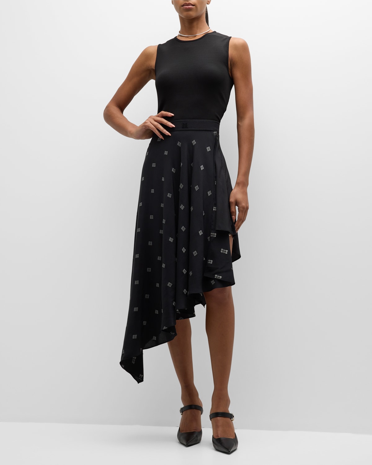 Shop Givenchy Asymmetric 4g Jacquard Sleeveless Midi Dress In Black