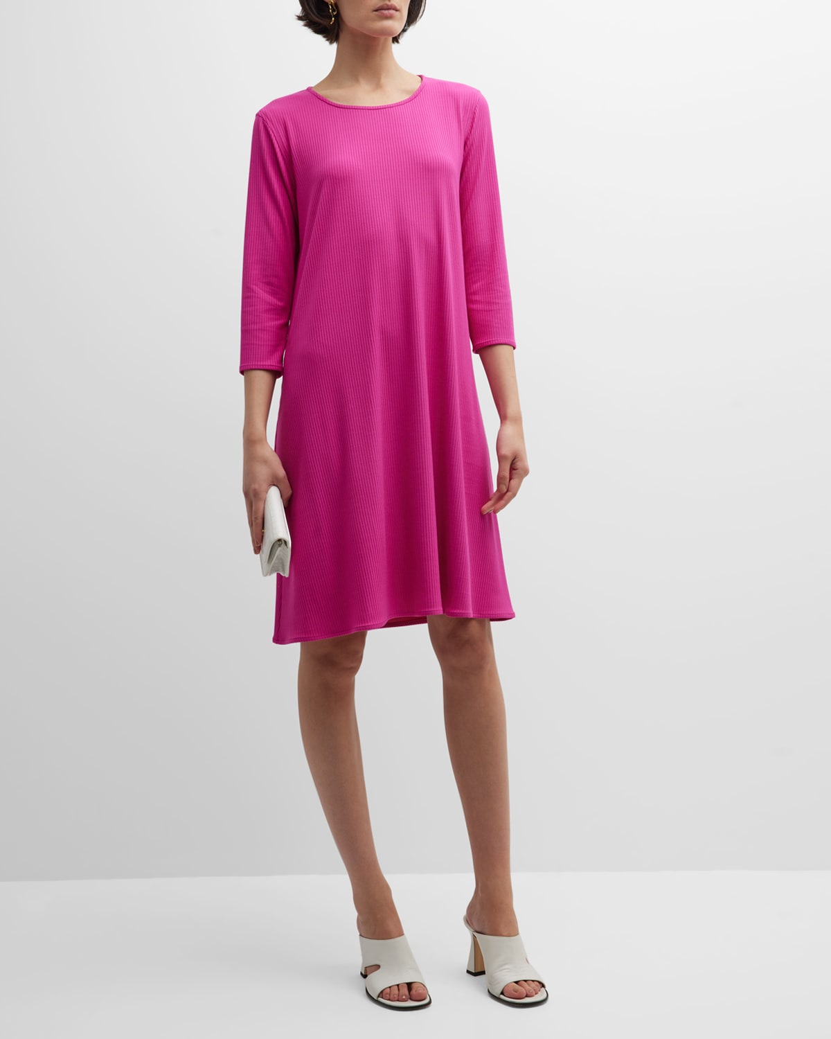 Caroline Rose Ribbed 3/4-sleeve Midi Dress In Bright Pink
