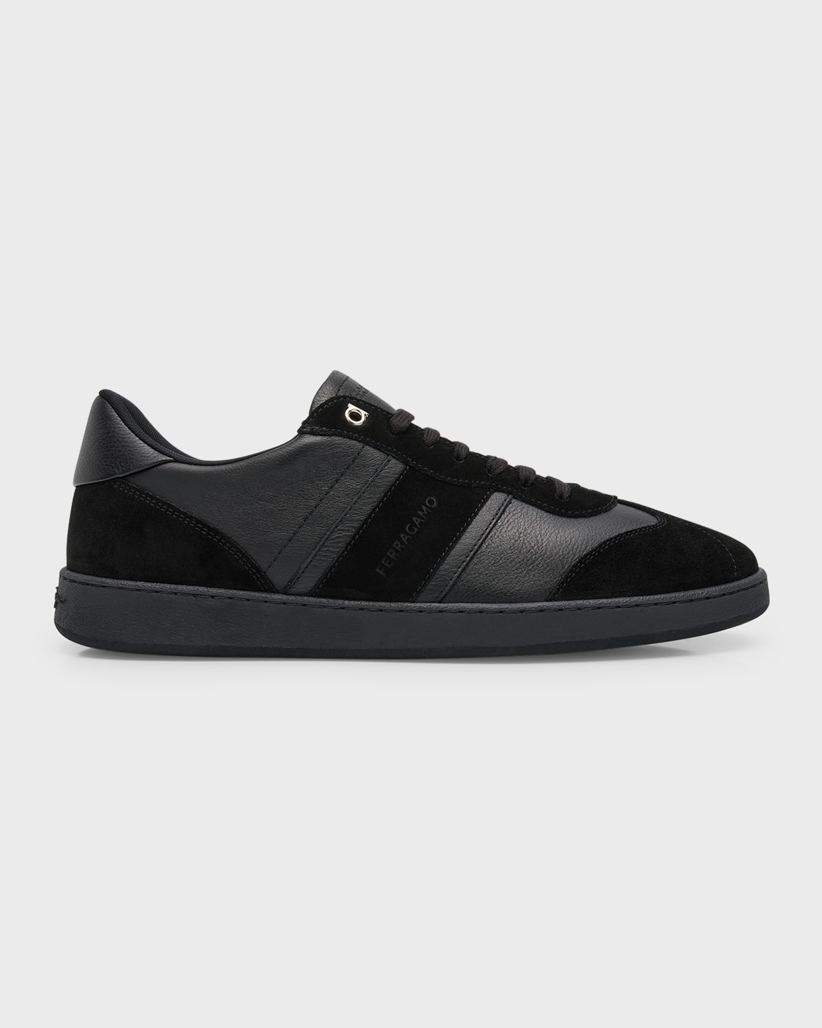 Shop Ferragamo Men's Achilles Mixed Leather Low-top Sneakers In Nero