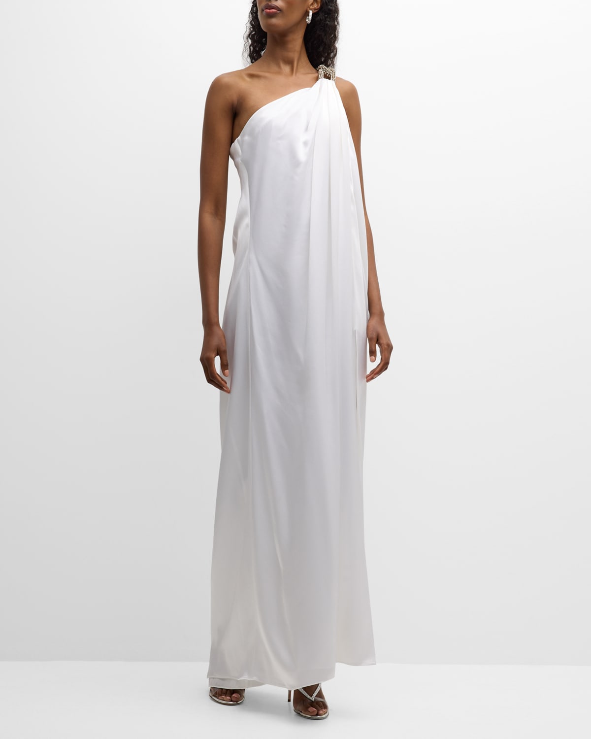 Shop Stella Mccartney Satin One-shoulder Gown With Embellished Detail In White