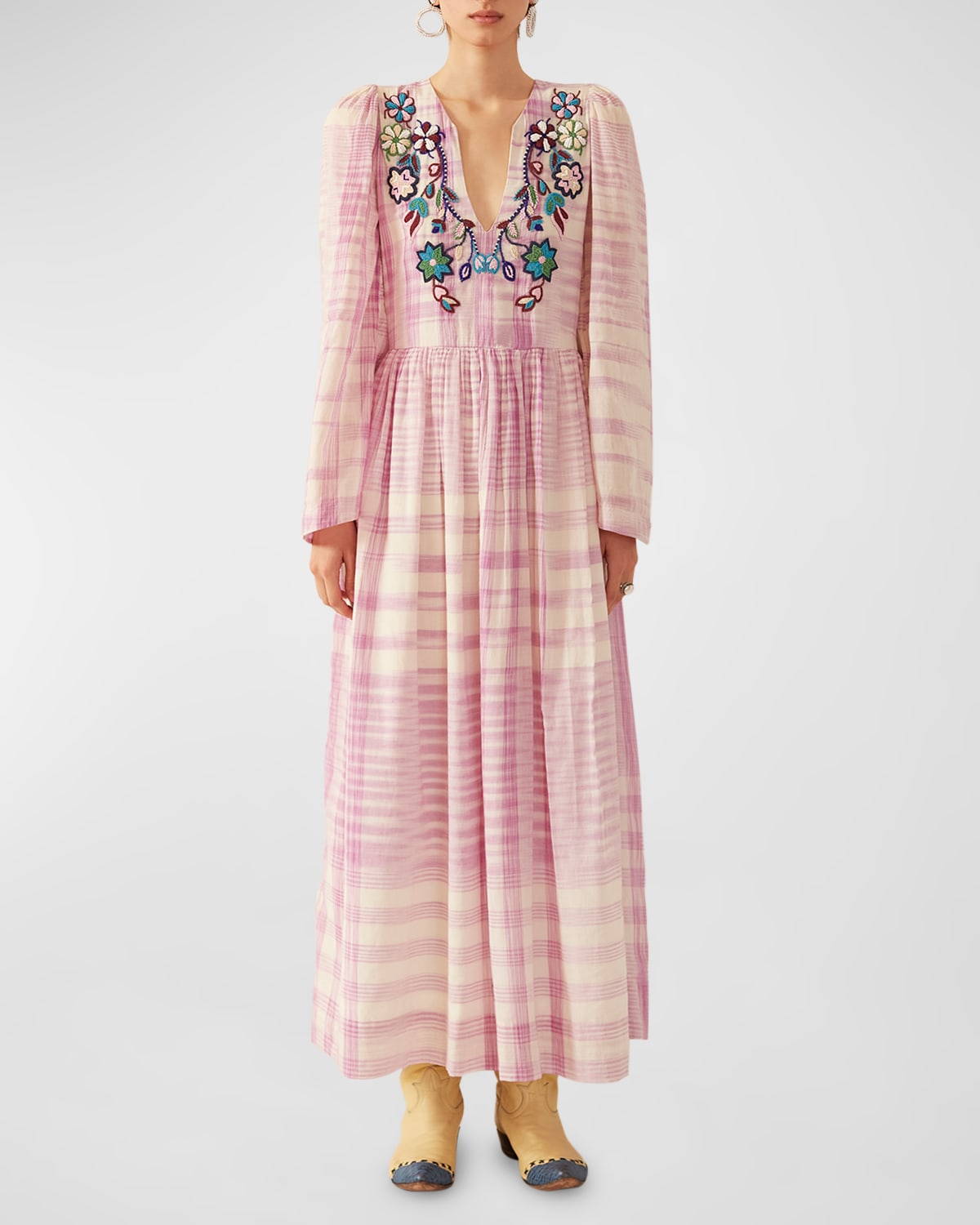 Alix Of Bohemia Savannah Plaid Embroidered Maxi Dress In Purple