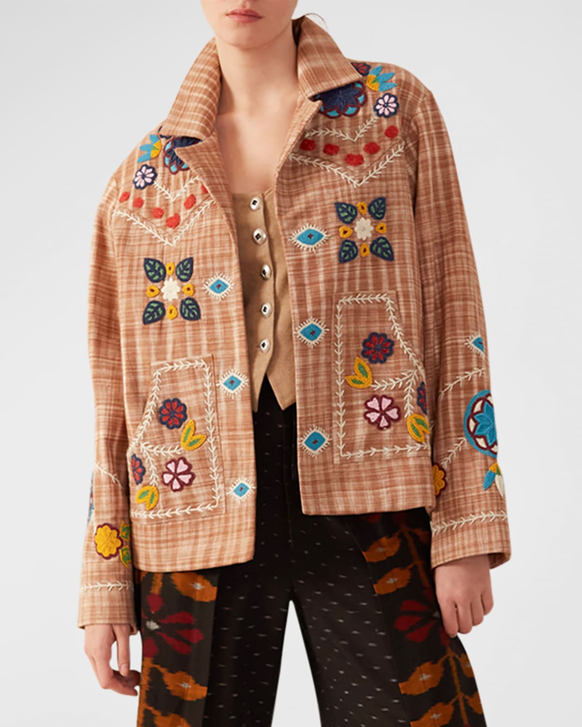 Alix Of Bohemia Western Plaid Embroidered Jacket In Brown