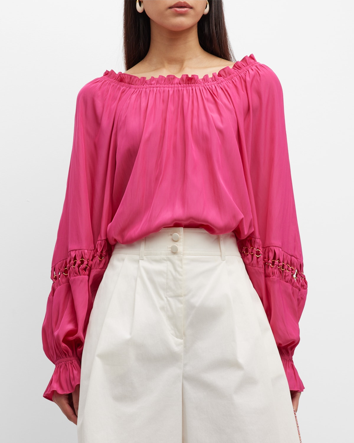 Ramy Brook Lili Off-shoulder Chainlink Blouse In Paradise Pink