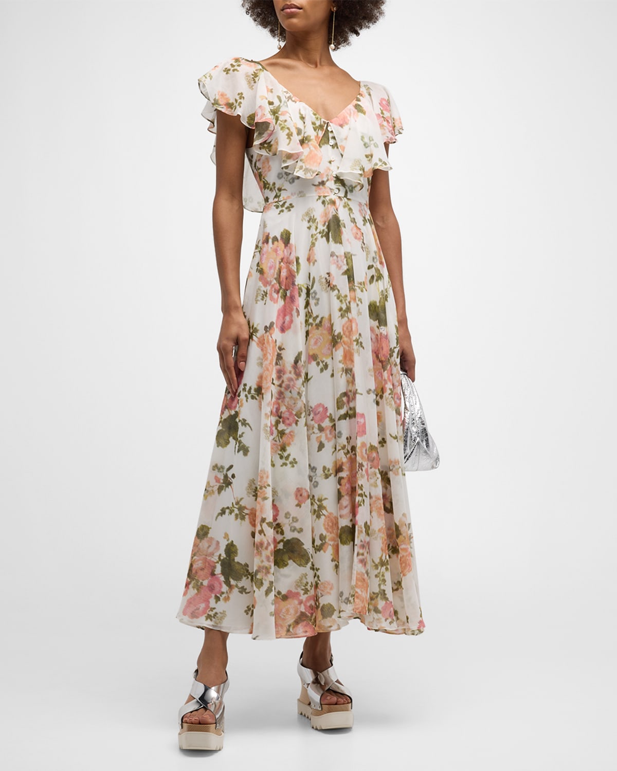Floral Print Midi Dress with Ruffle Detail