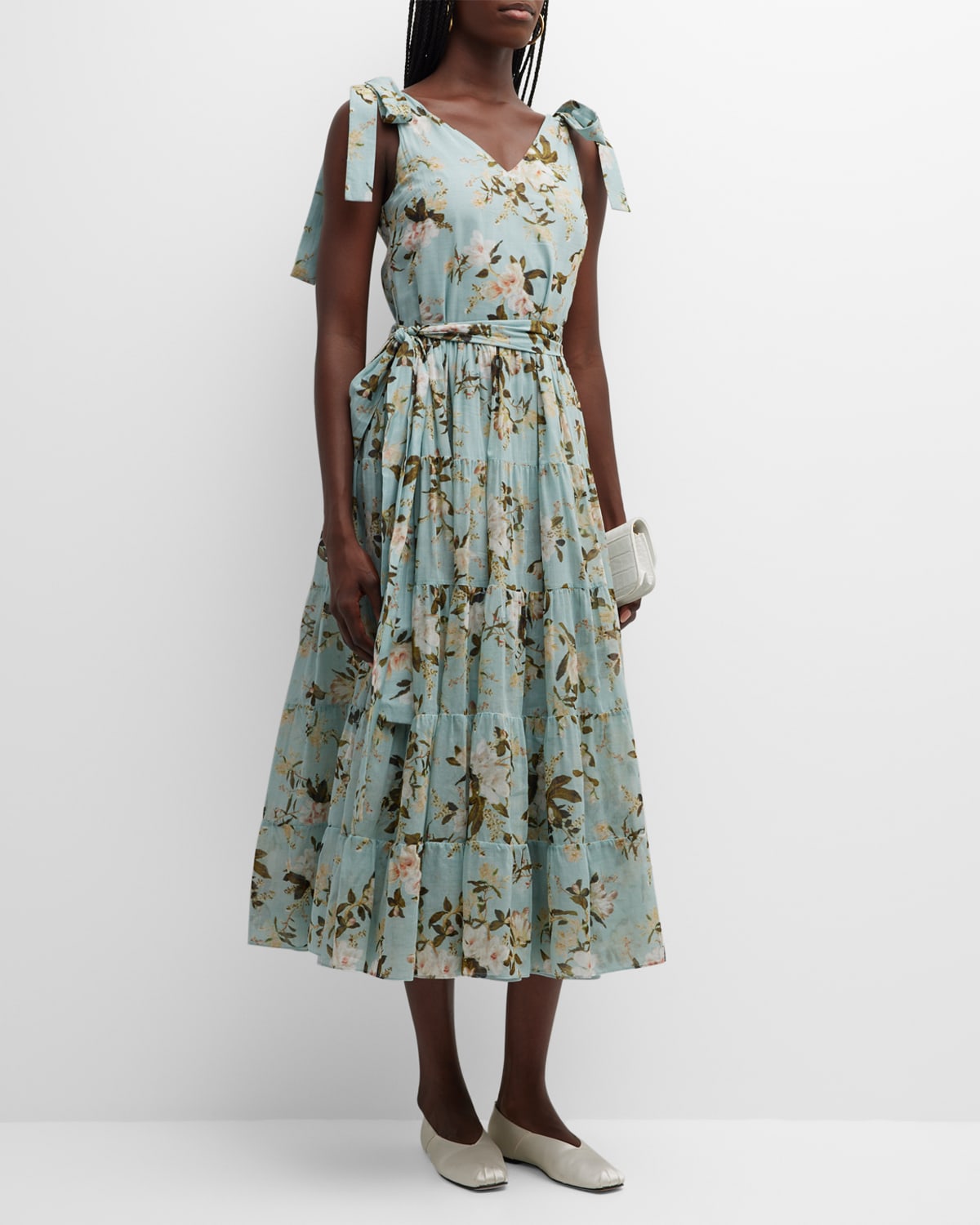 ERDEM FLORAL-PRINT TIERED MIDI DRESS WITH SELF-TIE SHOULDER DETAIL