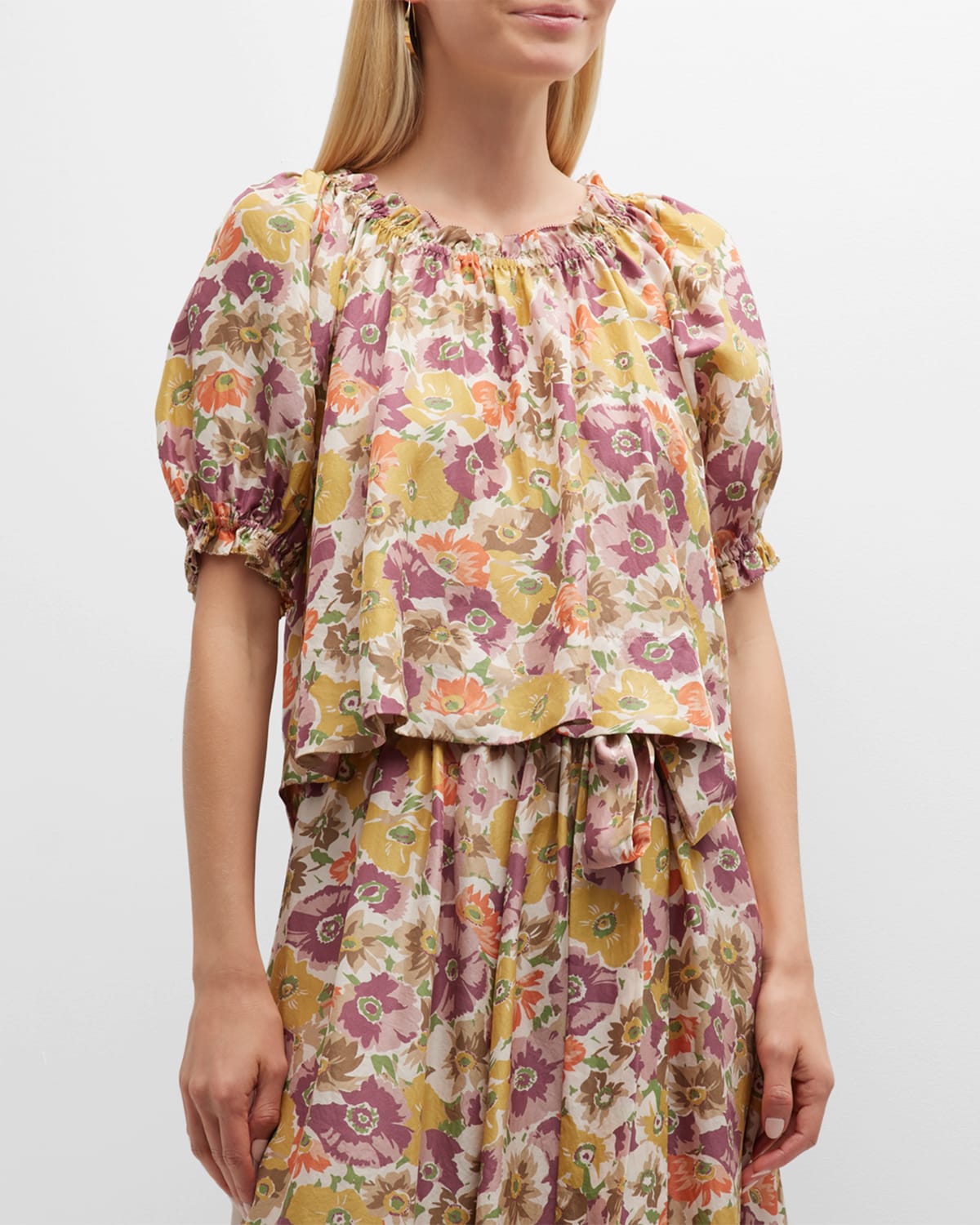 The Great The Garland Floral Puff-sleeve Top In Golden Lilac Flow