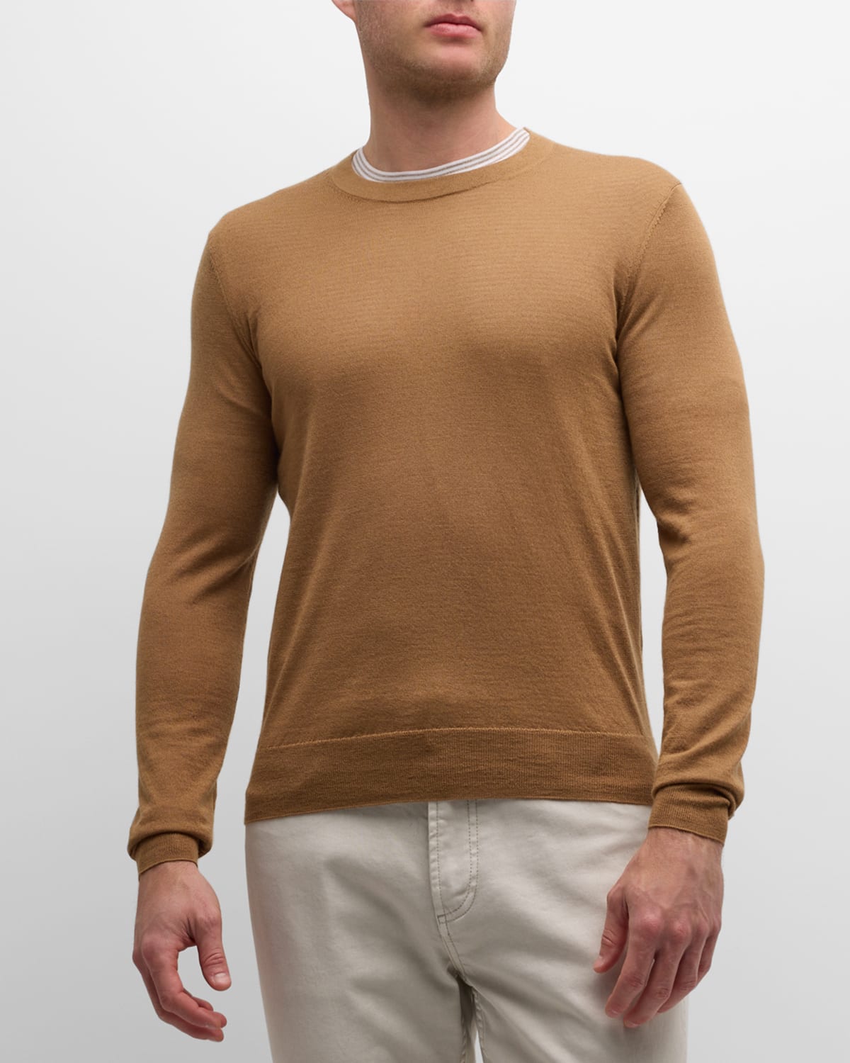 Neiman Marcus Men's Cashmere-silk Crewneck Jumper In Camel