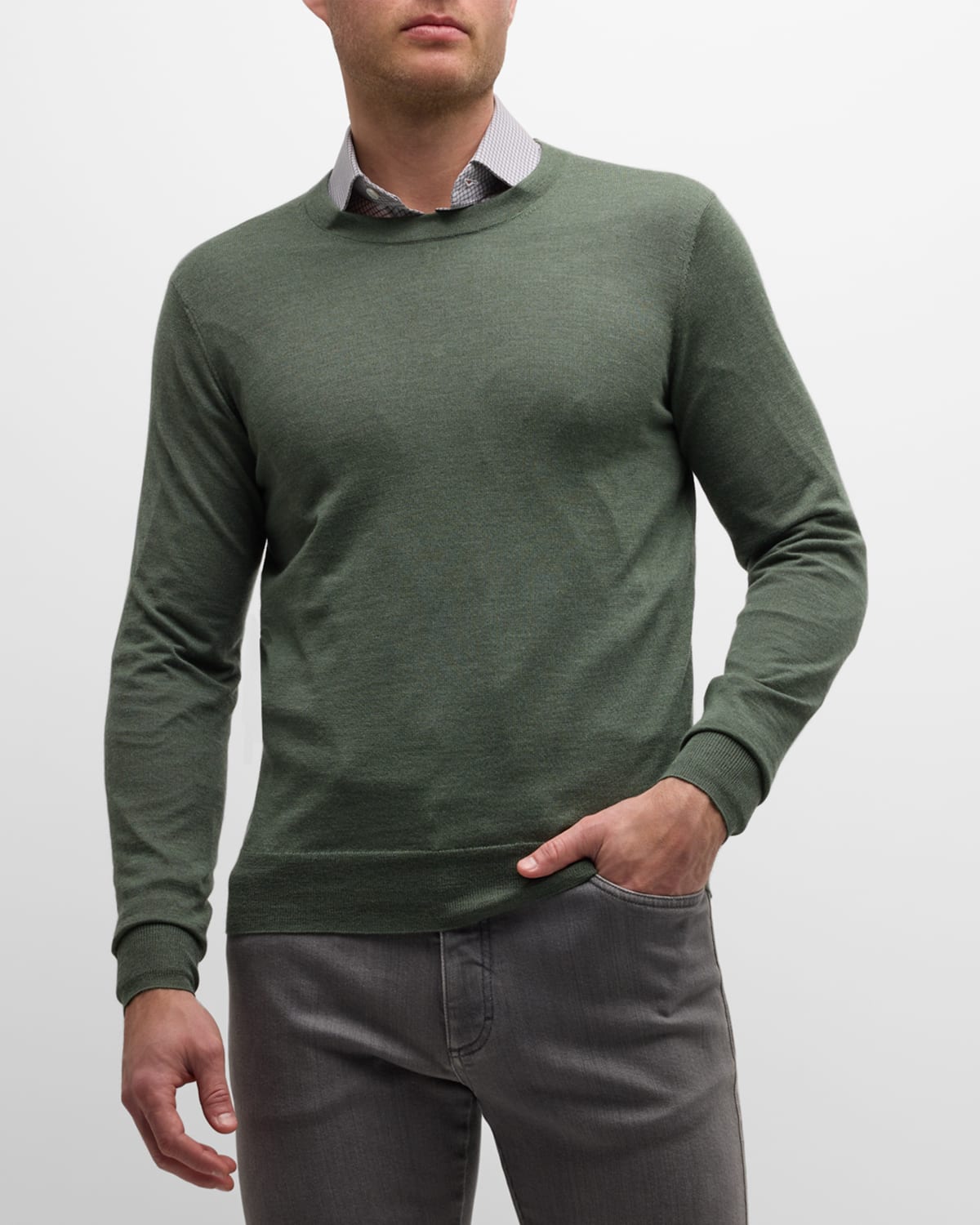 Neiman Marcus Men's Cashmere-silk Crewneck Sweater In Olive