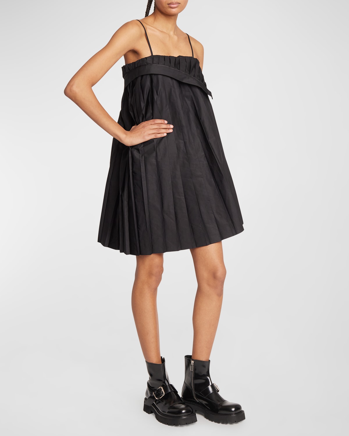 Mm6 Maison Margiela Pleated Foldover Mini Dress In Black