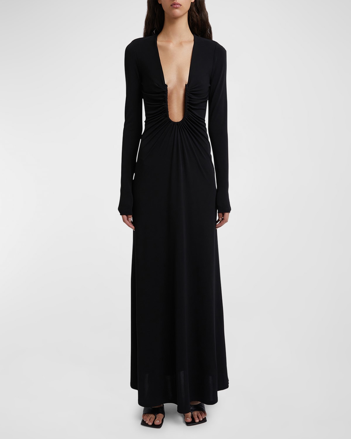 Shop Christopher Esber Arced Palm Plunging U-ring Long-sleeve Maxi Dress In Black