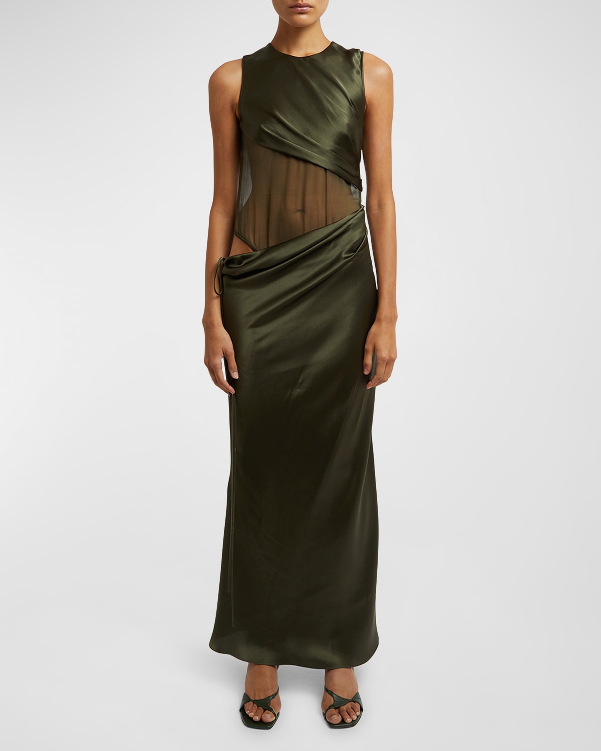 Christopher Esber Verdant Falls Sheer Torso Cutout Draped Maxi Dress In Seaweed