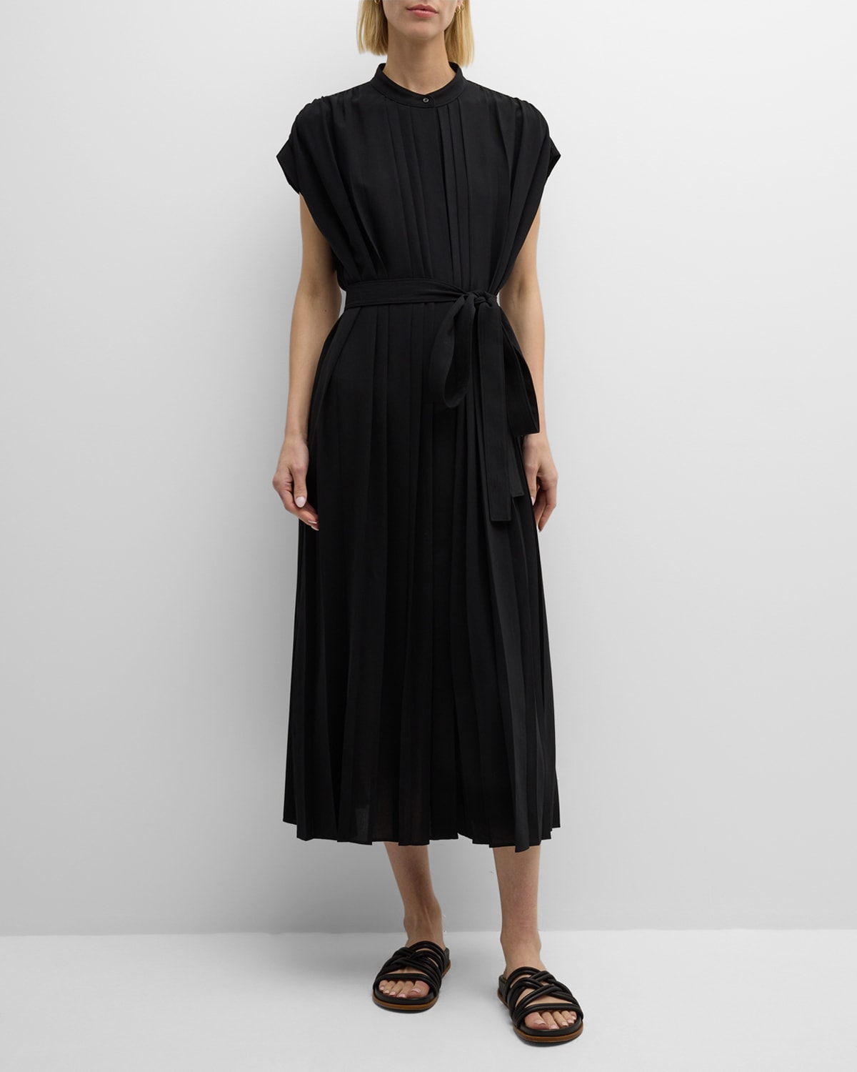 Joseph Davidge Pleated Short-sleeve Midi Dress In Black