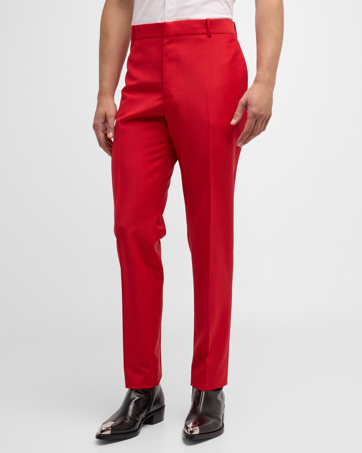 Alexander Mcqueen Men's Solid Wool-mohair Slim Trousers In Love Red