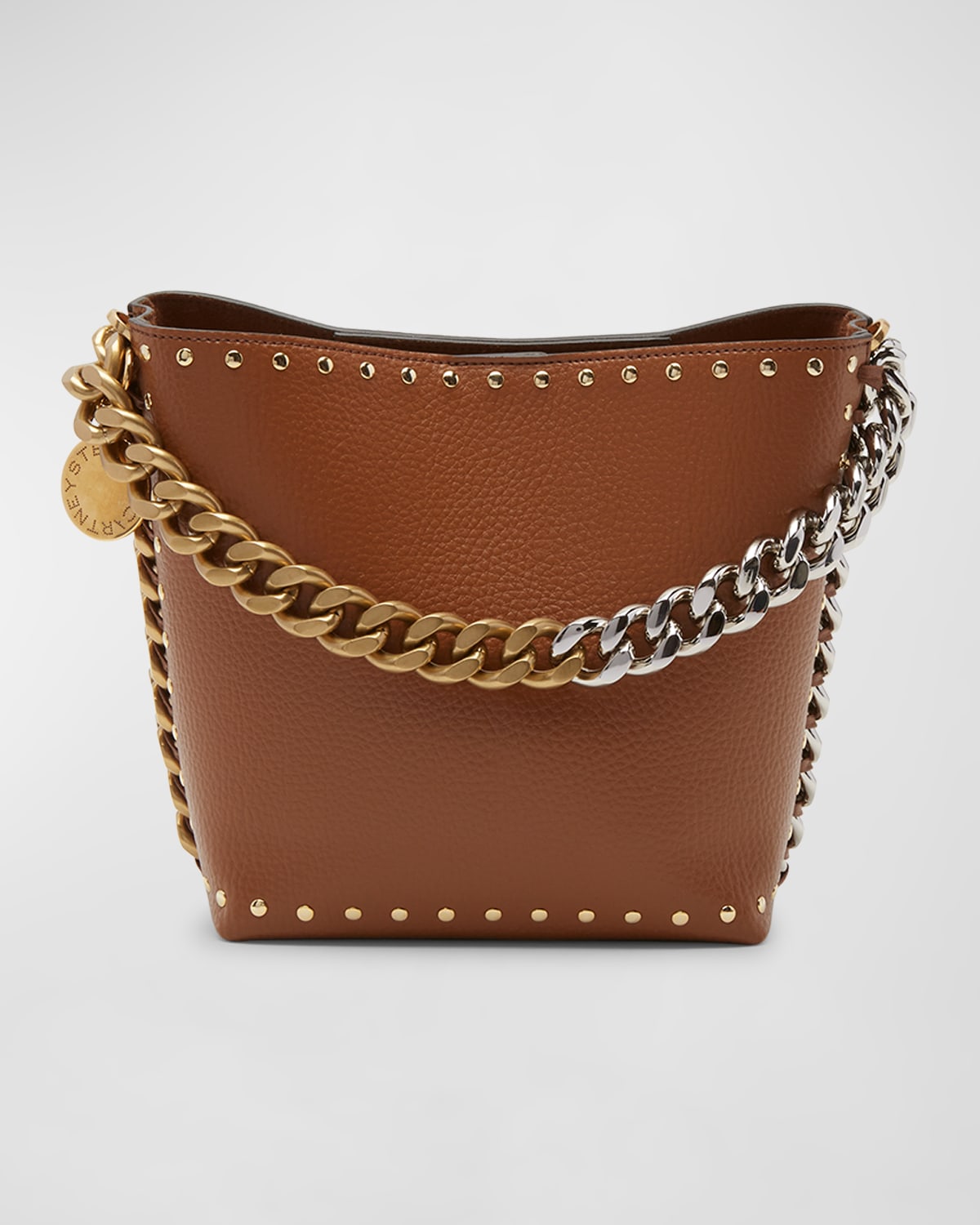 Stella Mccartney Frayme Studded Two-tone Vegan Leather Bucket Bag In Pecan