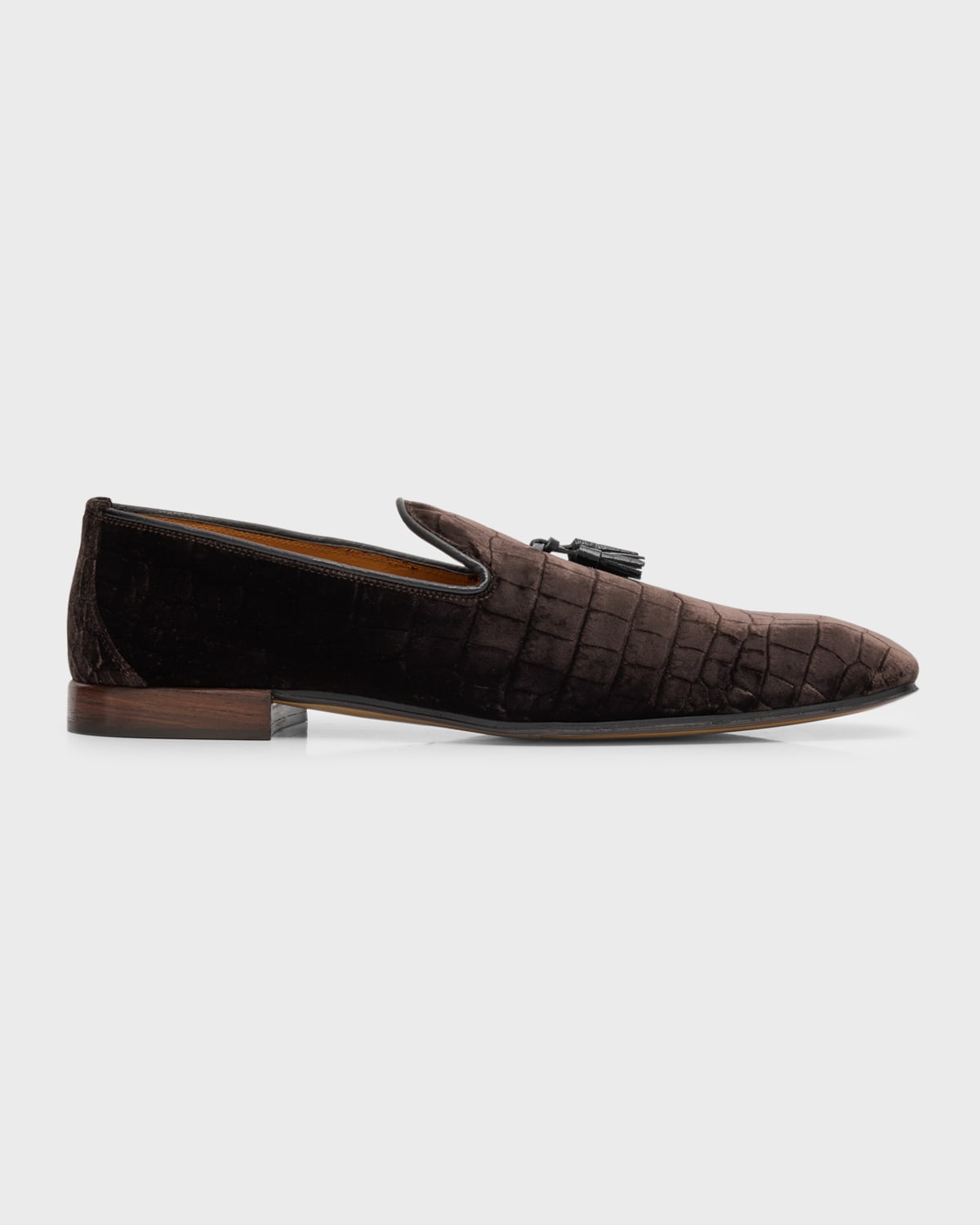 Tom Ford Bailey Tasselled Leather-trimmed Croc-effect Velvet Loafers In Dark Choco