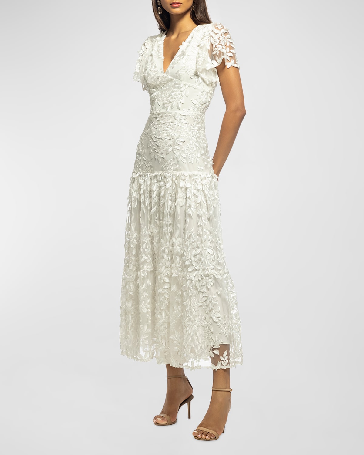 Shoshanna Embroidered Flutter-sleeve Mesh Maxi Dress In Ivory | ModeSens