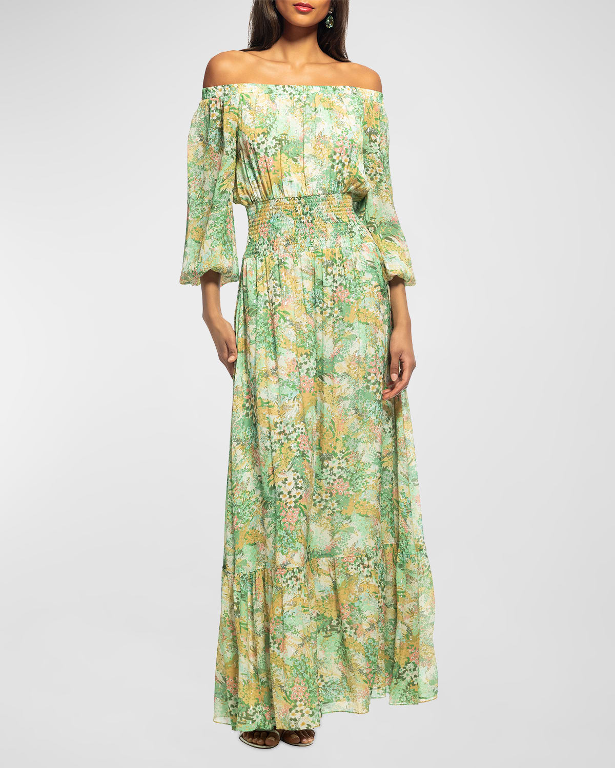 Shoshanna Smocked Off-shoulder Floral-print Maxi Dress In Mint Multi ...