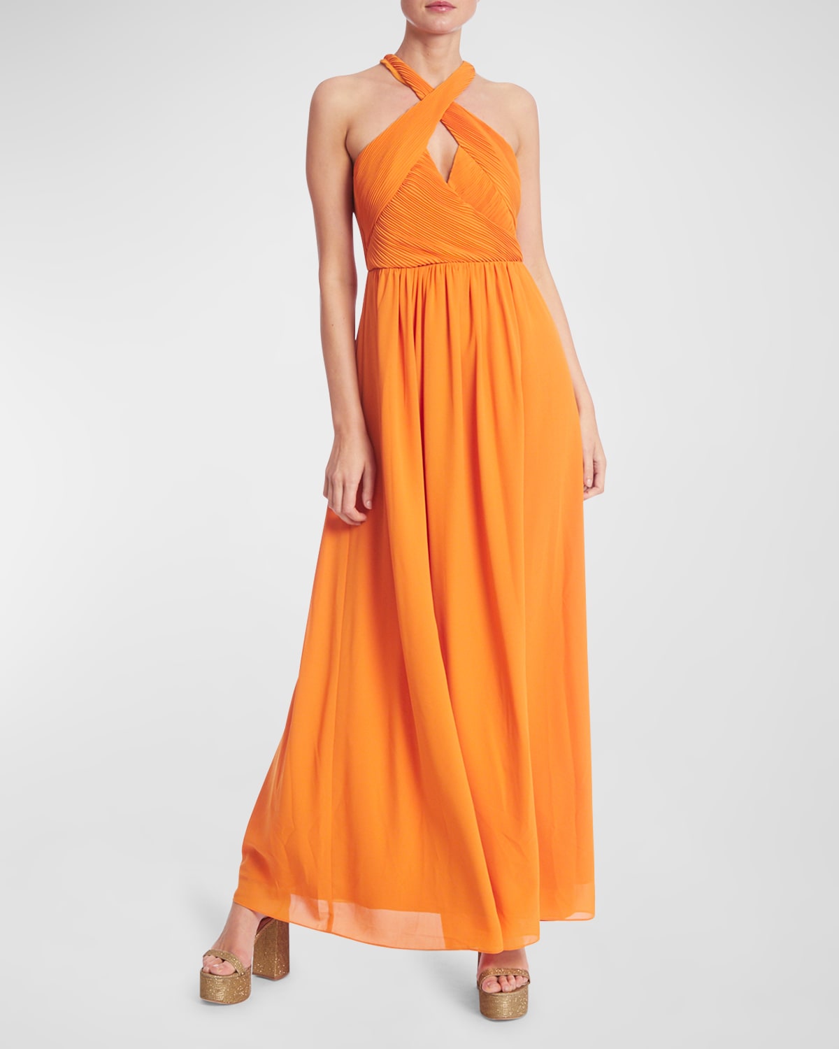 ONE33 SOCIAL PLEATED CUTOUT HALTER MAXI DRESS