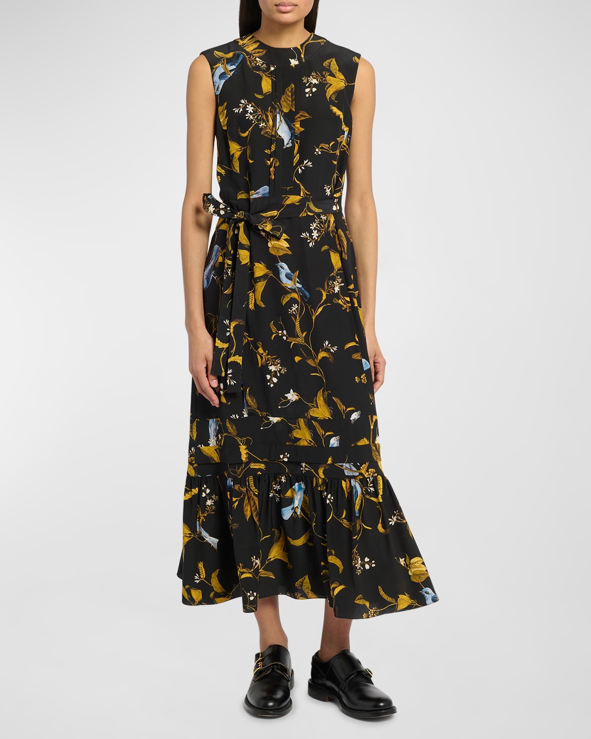 Erdem Bird-print Belted Sleeveless Ruffle-hem Midi Dress In Cecilia Birds Bla