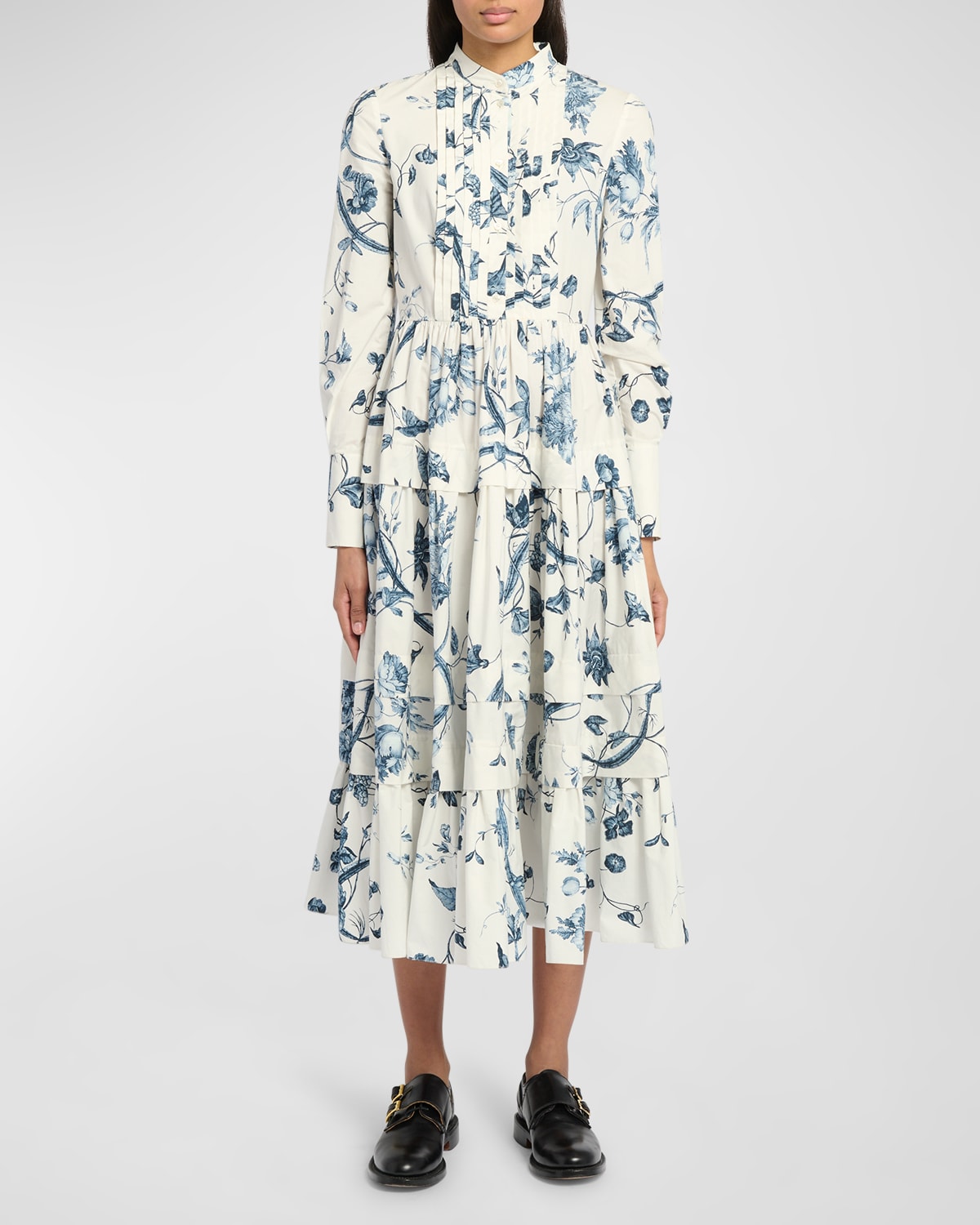 ERDEM FLORAL-PRINT LONG-SLEEVE TIERED SHIRTDRESS WITH BIB-FRONT