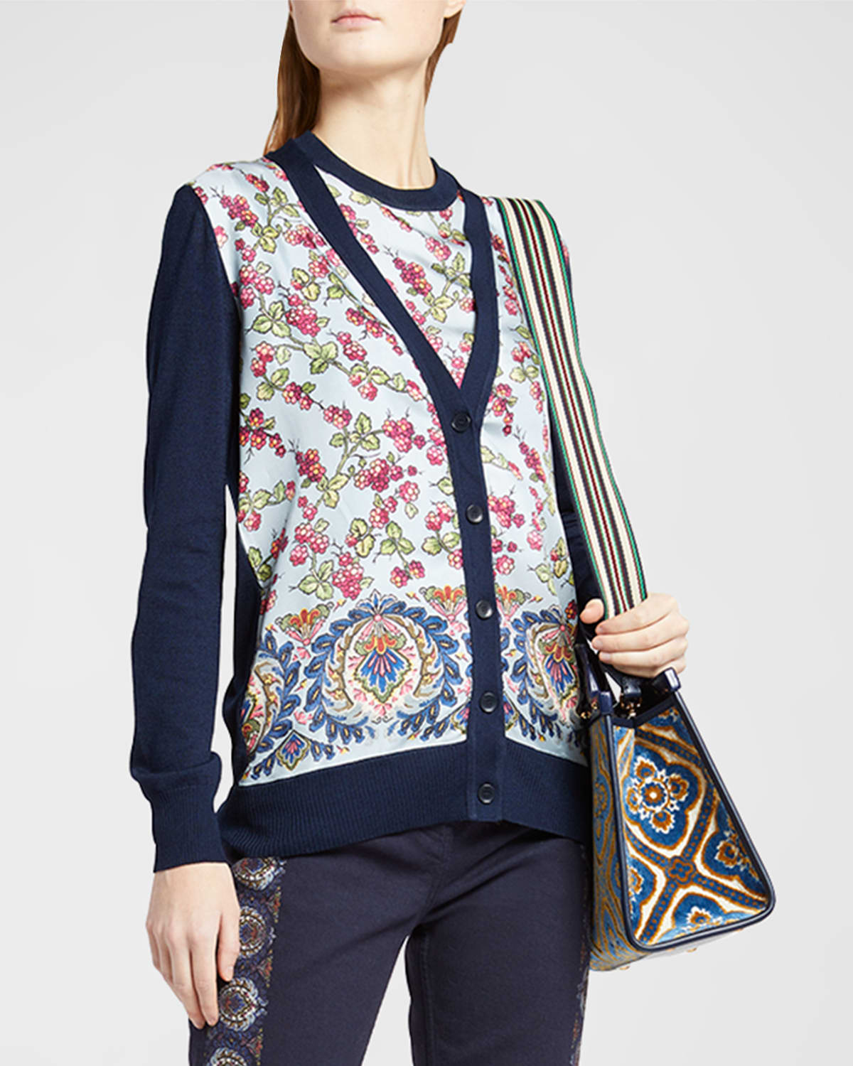 Etro Grape-print Cotton-blend Cardigan In Navy