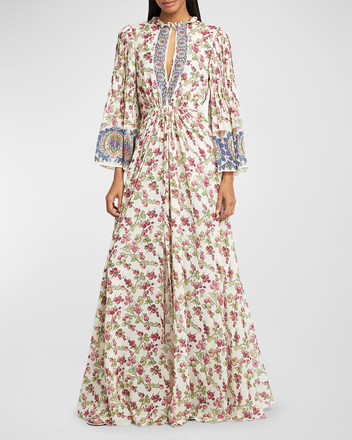 Etro Berry-print Flutter-sleeve Silk Gown In White