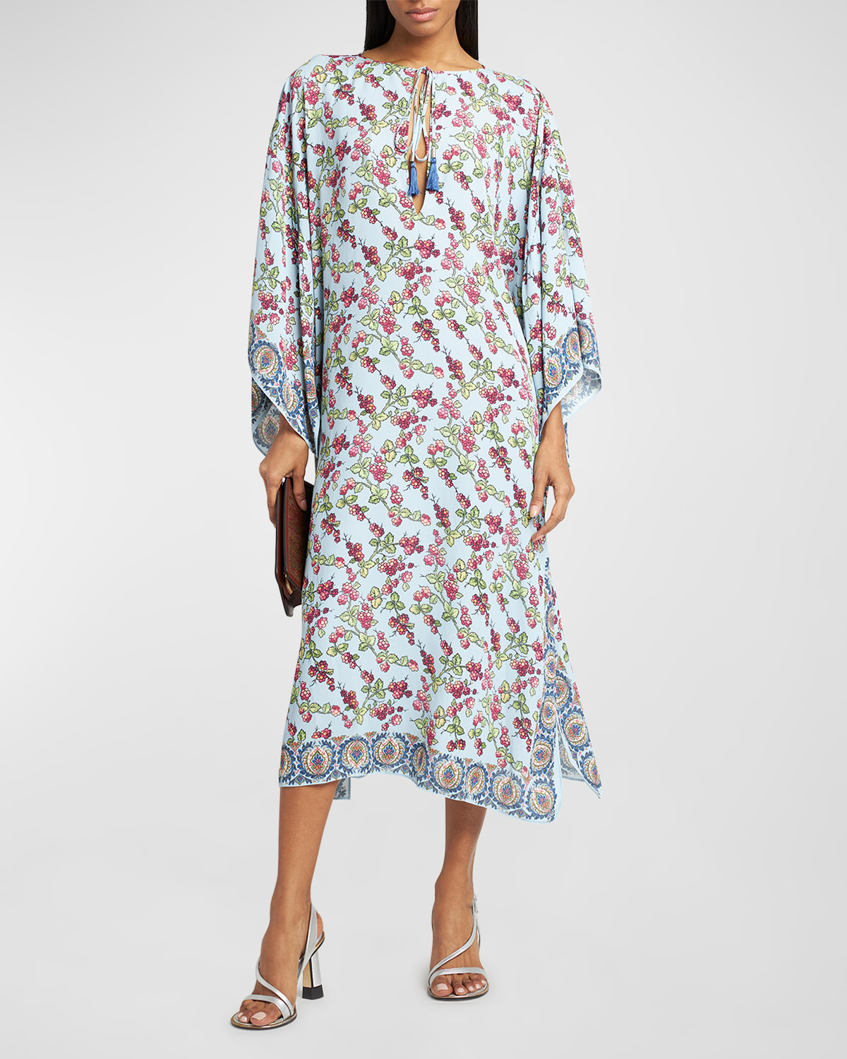 Etro Berry-print Flutter-sleeve Midi Caftan Dress In Blue