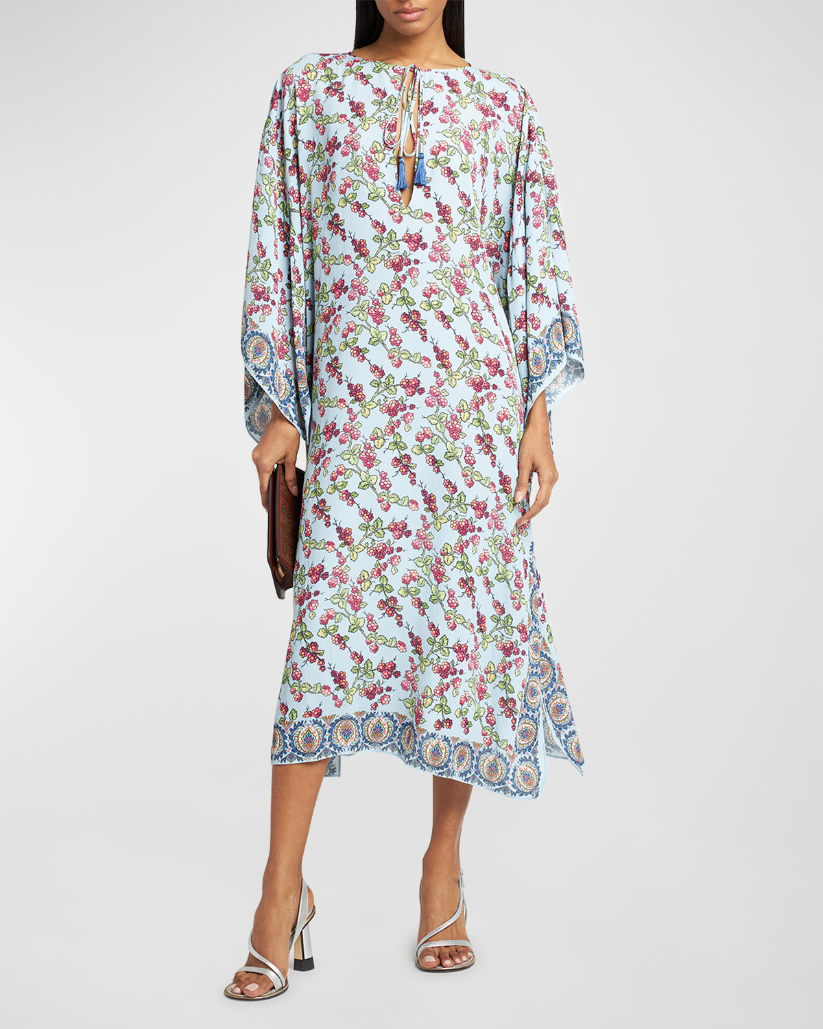 ETRO BERRY-PRINT FLUTTER-SLEEVE MIDI CAFTAN DRESS