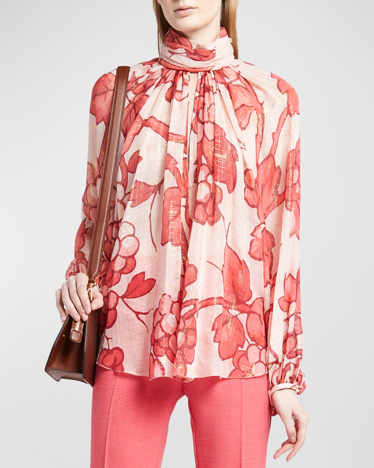 Etro Turtleneck Foil Grape-print Silk Blouse In Pink
