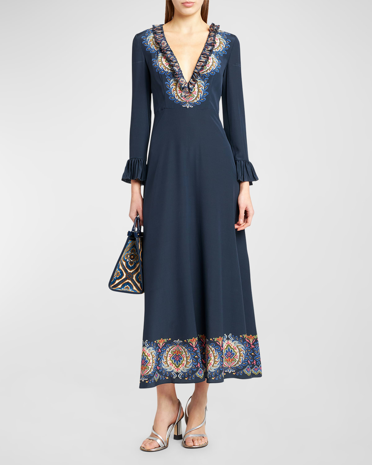 Etro Plunging Engineer Border-print Ruffle Cady Midi Dress In Navy