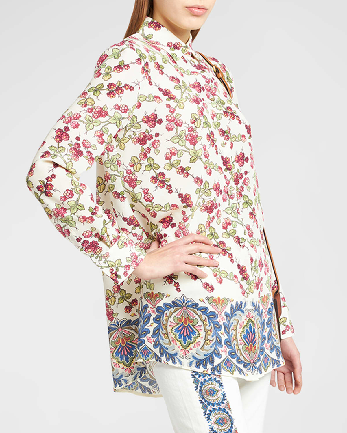 Berry Border-Print Tunic Silk Shirt