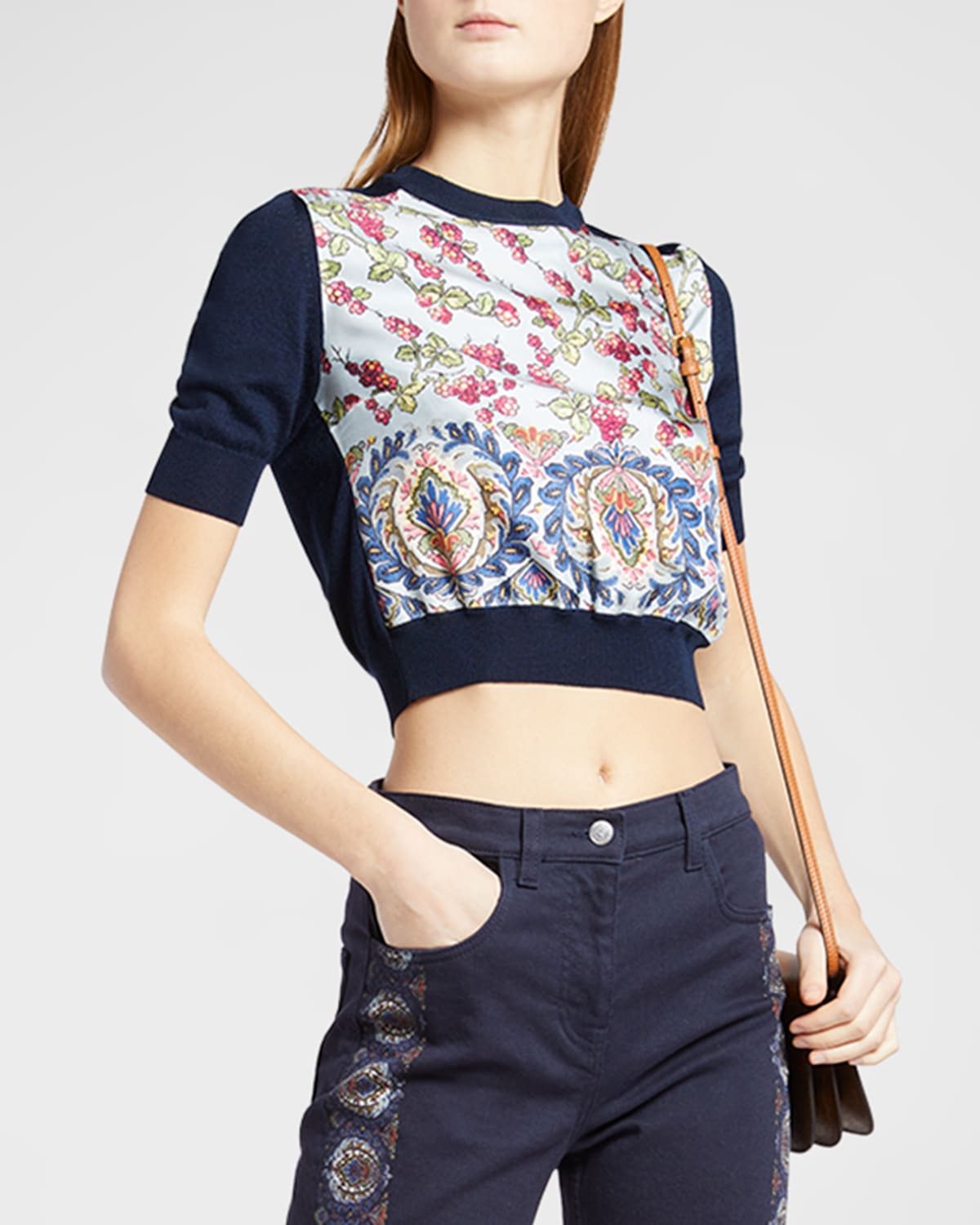 Etro Berry-print Silk Panel Knit Crop Top In Navy
