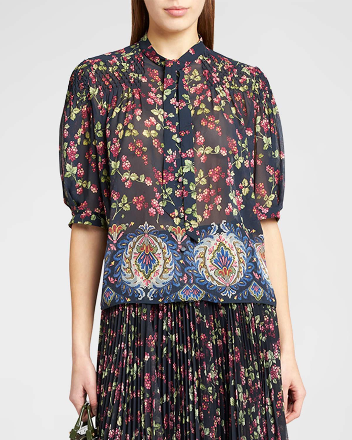 Etro Berry-print Puff-sleeve Neck-tie Silk Top In Blue