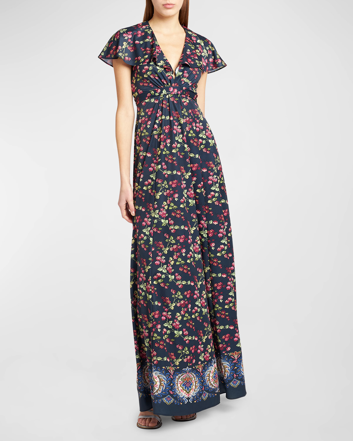 Shop Etro Berry-print Cape-sleeve Jersey Gown In Navy