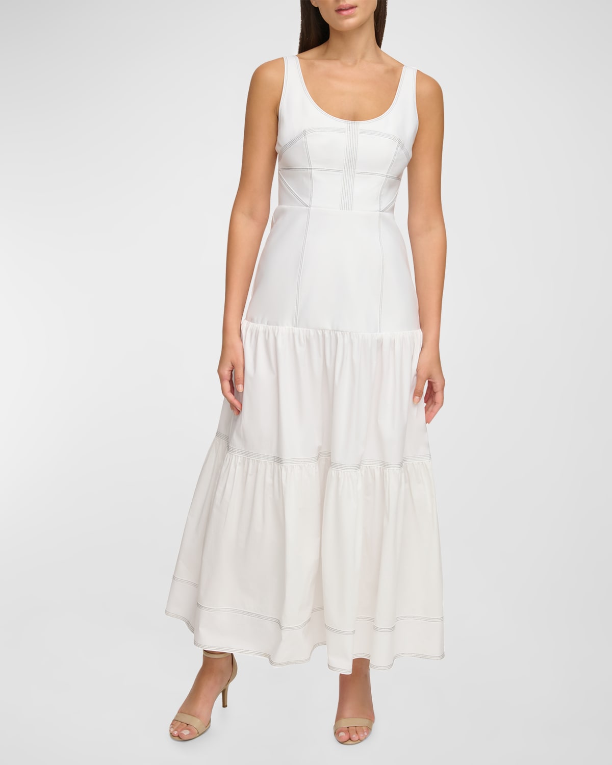 Donna Karan Sleeveless Topstitch Cotton Poplin Maxi Dress