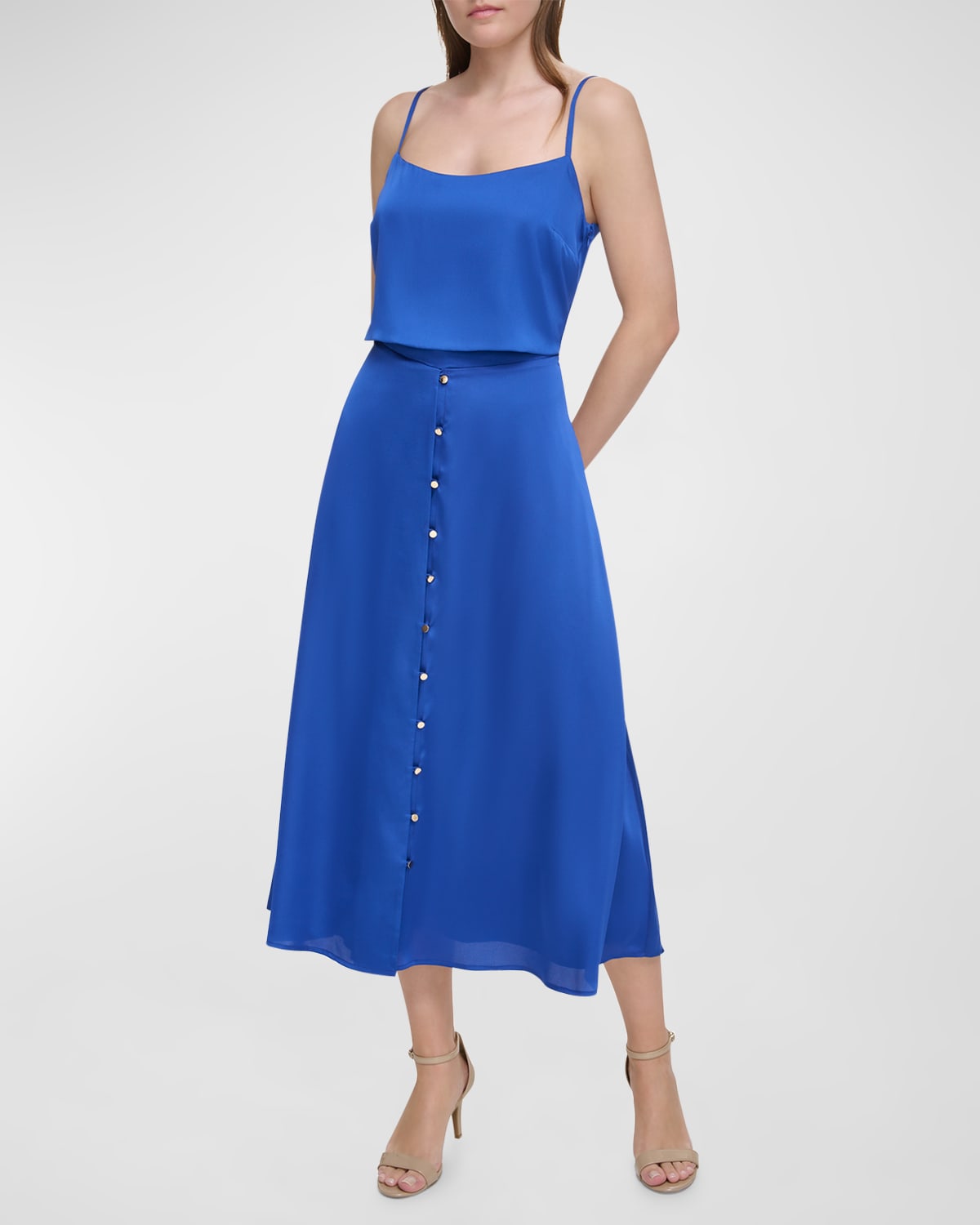 Donna Karan Sleeveless Button-Front Sateen Midi Dress