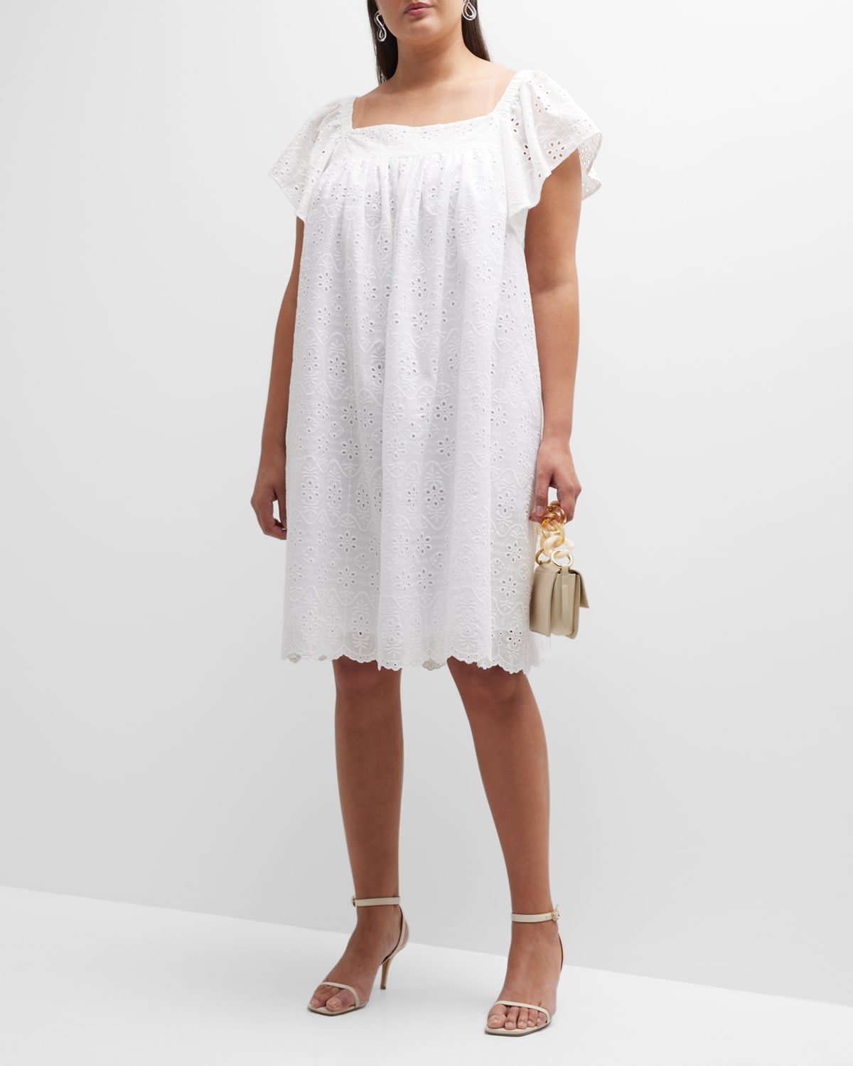 Whitney Morgan Plus Size Flutter-sleeve Eyelet Midi Dress In White