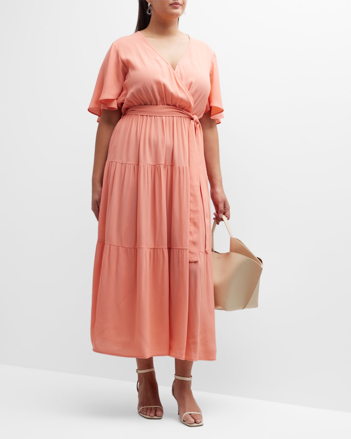 Whitney Morgan Plus Size Tiered Flutter-sleeve Wrap Dress In Coral