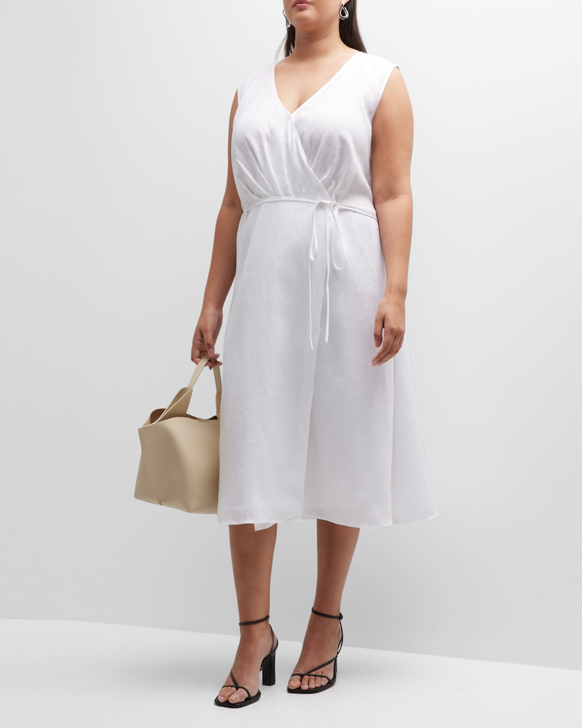 Whitney Morgan Plus Size Sleeveless Linen Midi Wrap Dress In White