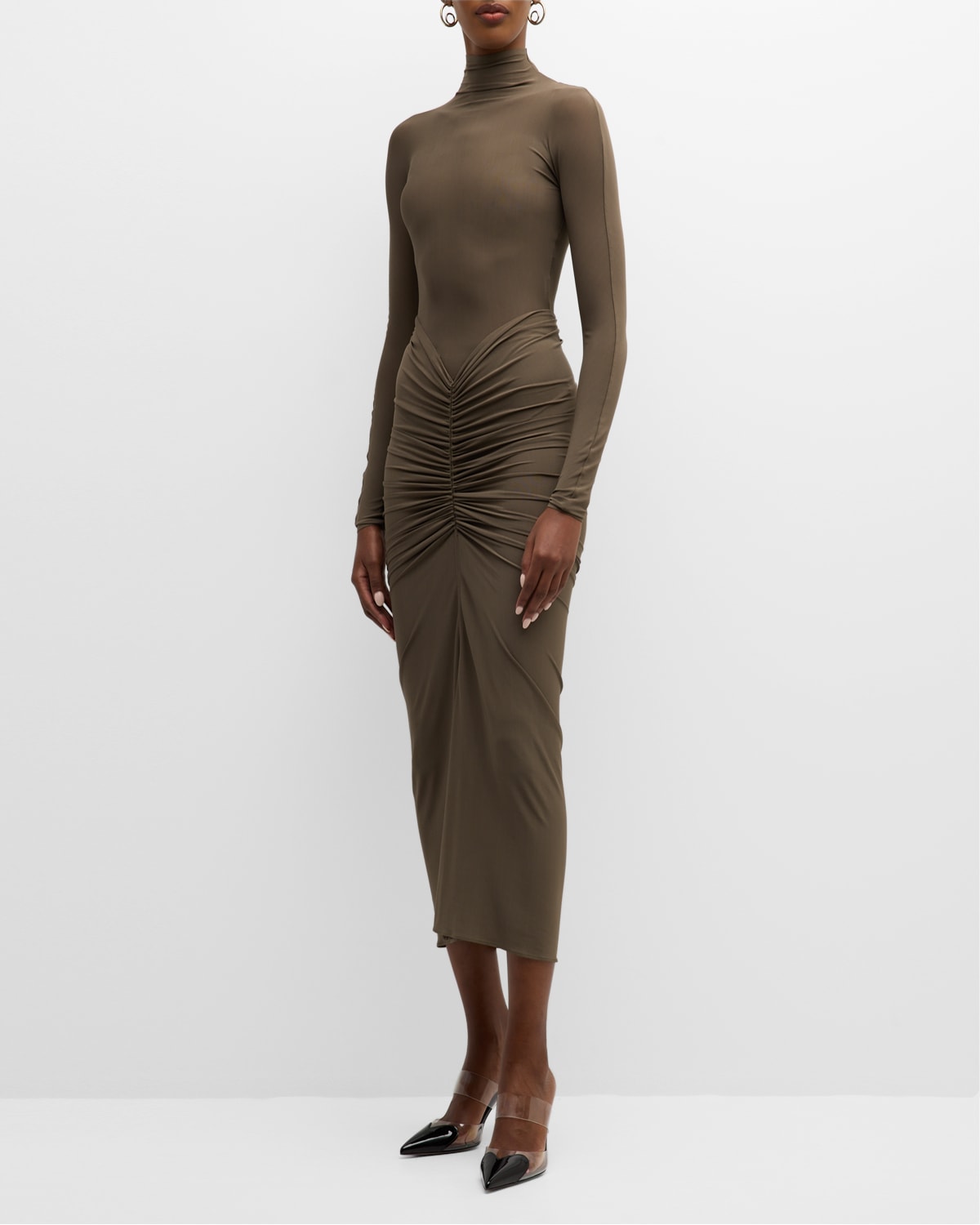 Alaïa Ruched Mock Neck Fitted Dress In Terre