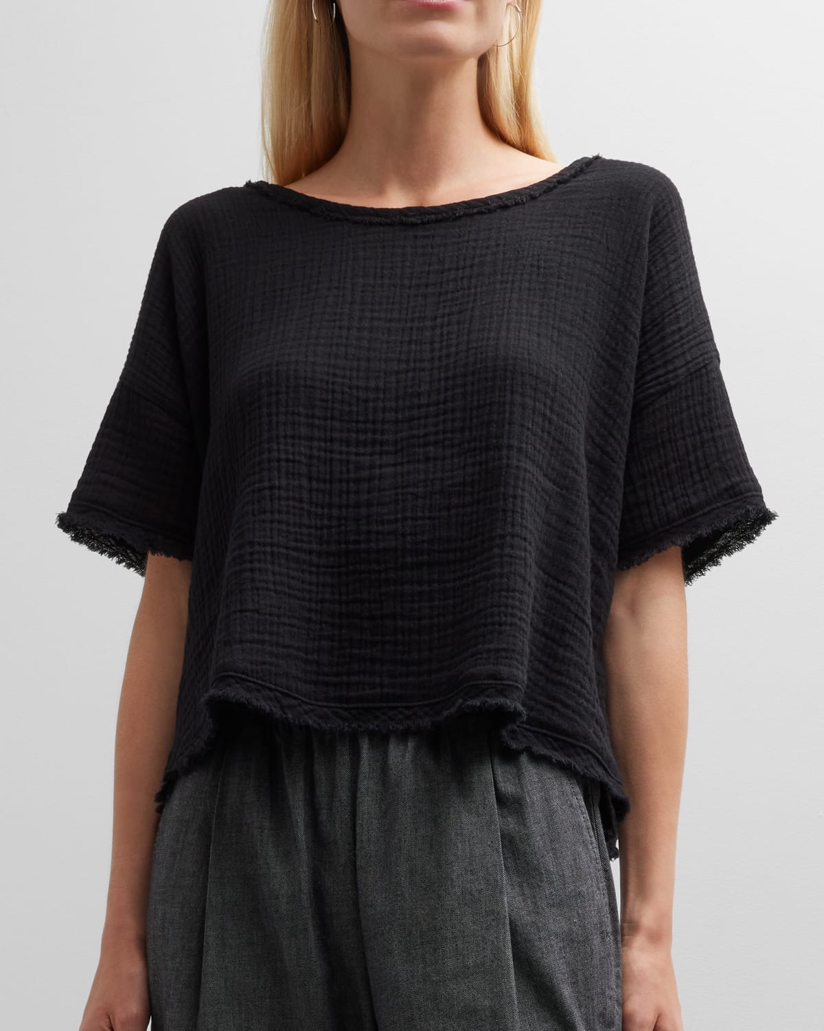 Eileen Fisher Short-sleeve Woven Gauze Top In Black