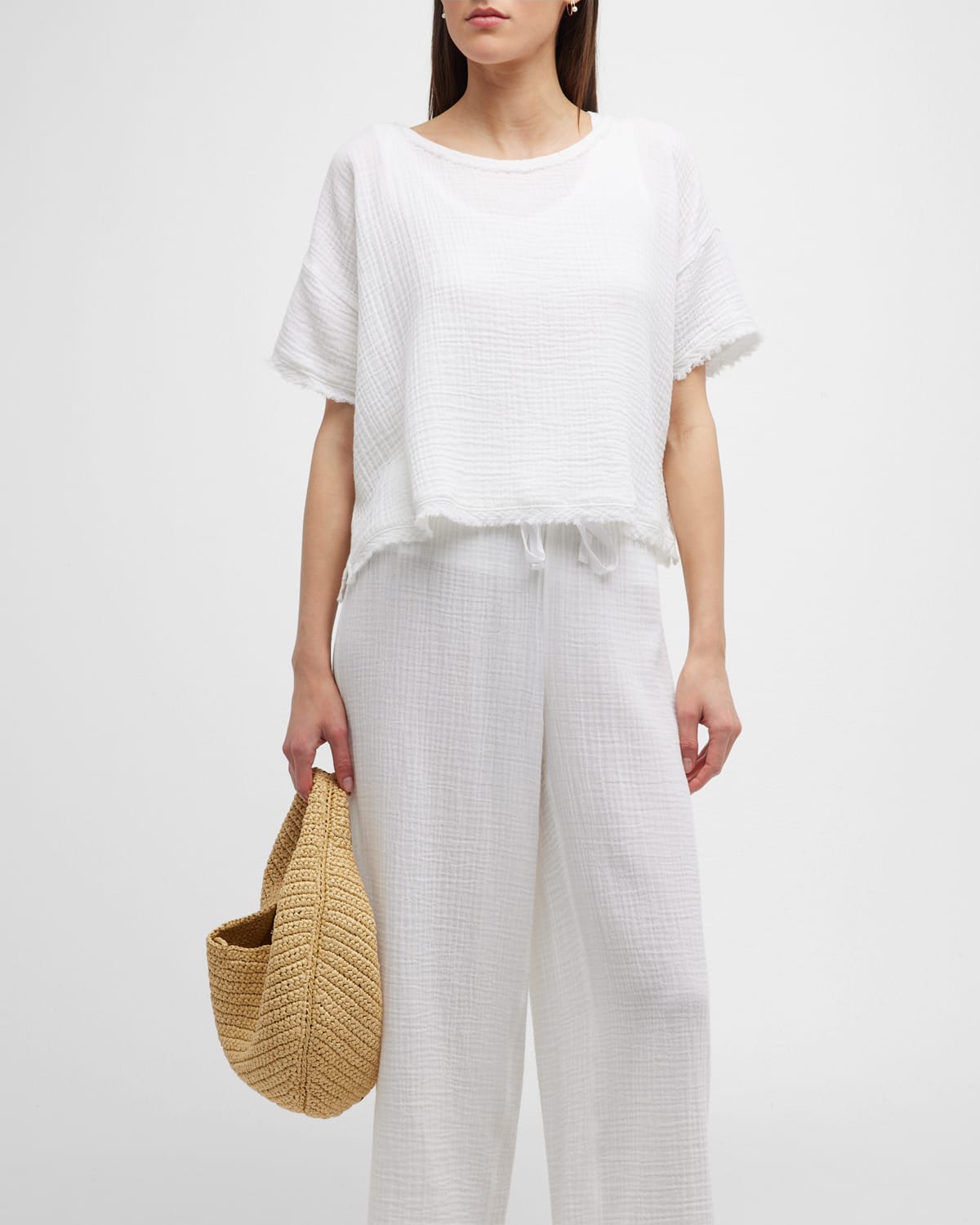 Eileen Fisher Short-sleeve Woven Gauze Top In White