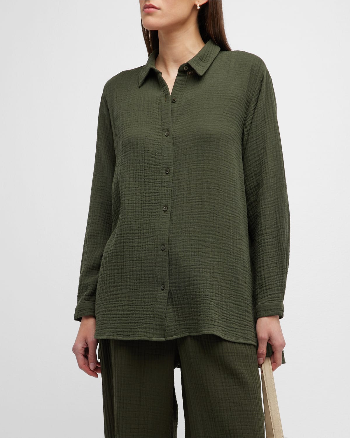 Eileen Fisher Side-slit Button-down Gauze Shirt In Seaweed