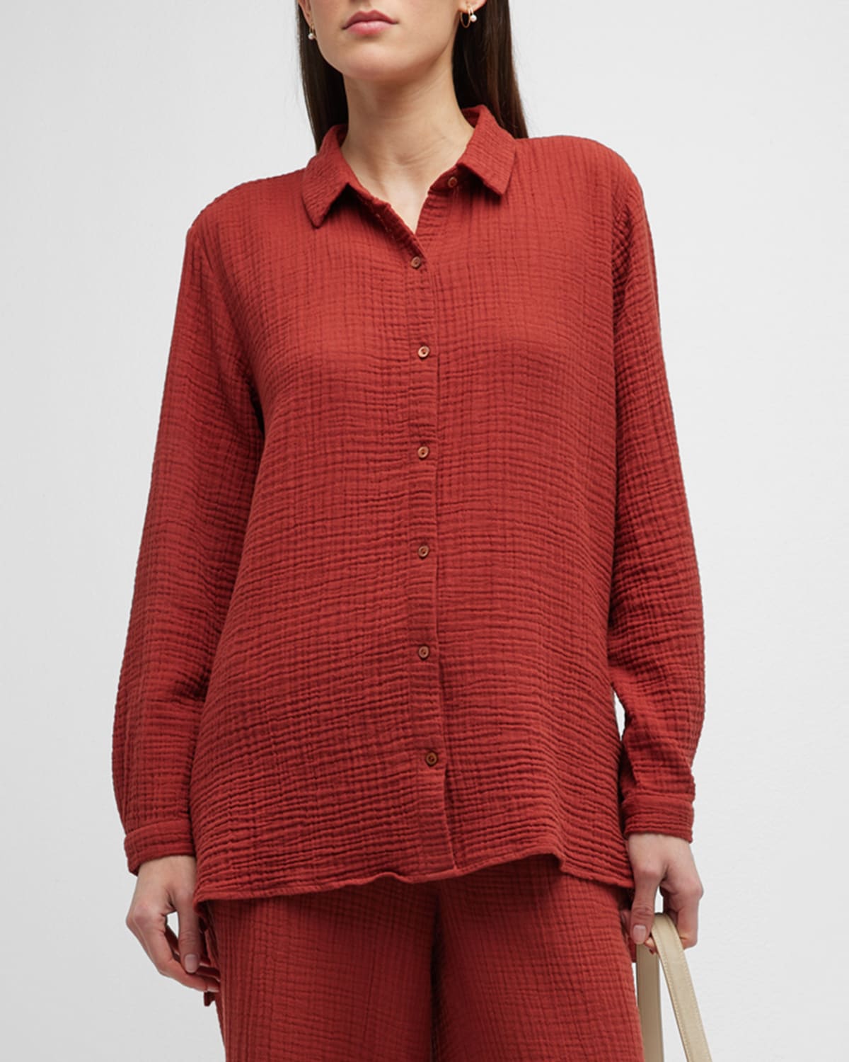 Eileen Fisher Side-slit Button-down Gauze Shirt In Picante